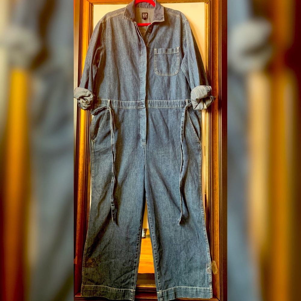 Gap utility tie-belt denim jumpsuit